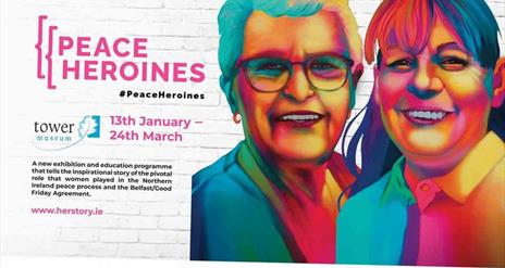 Shows a painting of two women along with the Peace Heroines brand.