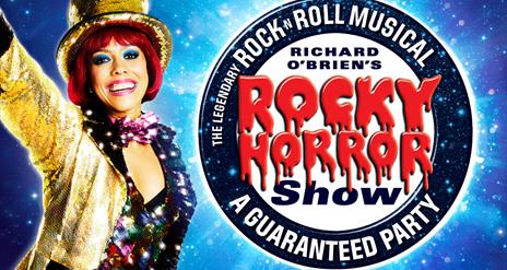 Promotional image for Richard O'Brien's Rocky Horror Show, featuring a vibrant performer wearing a gold sequinned top hat and jacket, smiling brightly