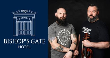An image of the Swing Ninjas with the Bishop's Gate Hotel logo.