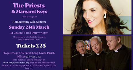 Image repeating the details for the Homecoming Gala Concert, with Margaret Keys and The Priests pictured on a purple background.