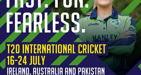 A picture of Ireland Women player Gaby Lewis promoting an upcoming cricket series between Ireland Women, Australia and Pakistan. The stripy green and