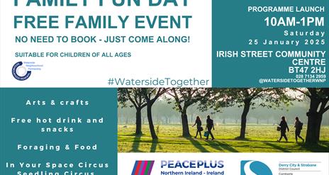 Poster displaying text, teal colours, and a photograph of a green space with people walking through it.