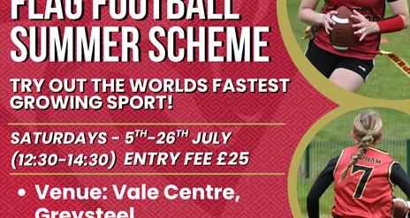 Promotional poster for the Northwest Vipers Youth Flag Football Summer Scheme. Features the Northwest Vipers American Football Club logo at the top. M