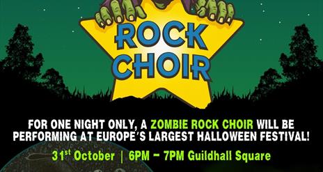 zombie holding rock choir logo