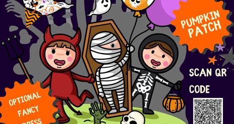 **Alt text:**  Colorful Halloween-themed poster for St. Columba's Autumn Fest. Features cartoon children in Halloween costumes (devil, mummy, skeleton