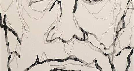 Poster for "FARRELL: Moods and Monochromes," an art exhibition by local artist Brian Farrell. The background features a loose, abstract black-and-whit