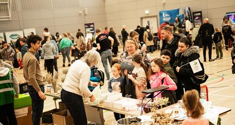 Families with young children  visit some stalls at a science fair