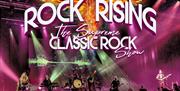 Concert image for 'Rock Rising: The Supreme Classic Rock Show,' showcasing a live band performing under dynamic pink and purple stage lighting. The ba