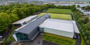 Aerial image of Foyle Arena showing the pitches to the rear of the building