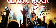 Promotional poster for 'Rock Rising: The Supreme Classic Rock Show 2025 Tour,' featuring a vibrant rock concert scene with raised hands and bright sta