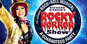 Promotional image for Richard O'Brien's Rocky Horror Show, featuring a vibrant performer wearing a gold sequinned top hat and jacket, smiling brightly