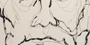 Poster for "FARRELL: Moods and Monochromes," an art exhibition by local artist Brian Farrell. The background features a loose, abstract black-and-whit