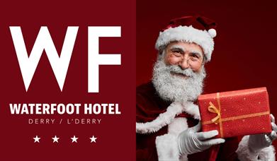 Santa with a present beside the Waterfoot Hotel logo.