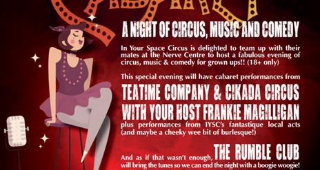 Poster for the Curious Cabaret - a night of circus, music & comedy.