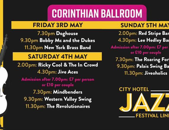 Promotional image for the Jazz events in the Corinthian Ballroom at the City Hotel.