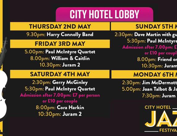 Promotion image for the Jazz Festival lineup in the City Hotel Lobby.