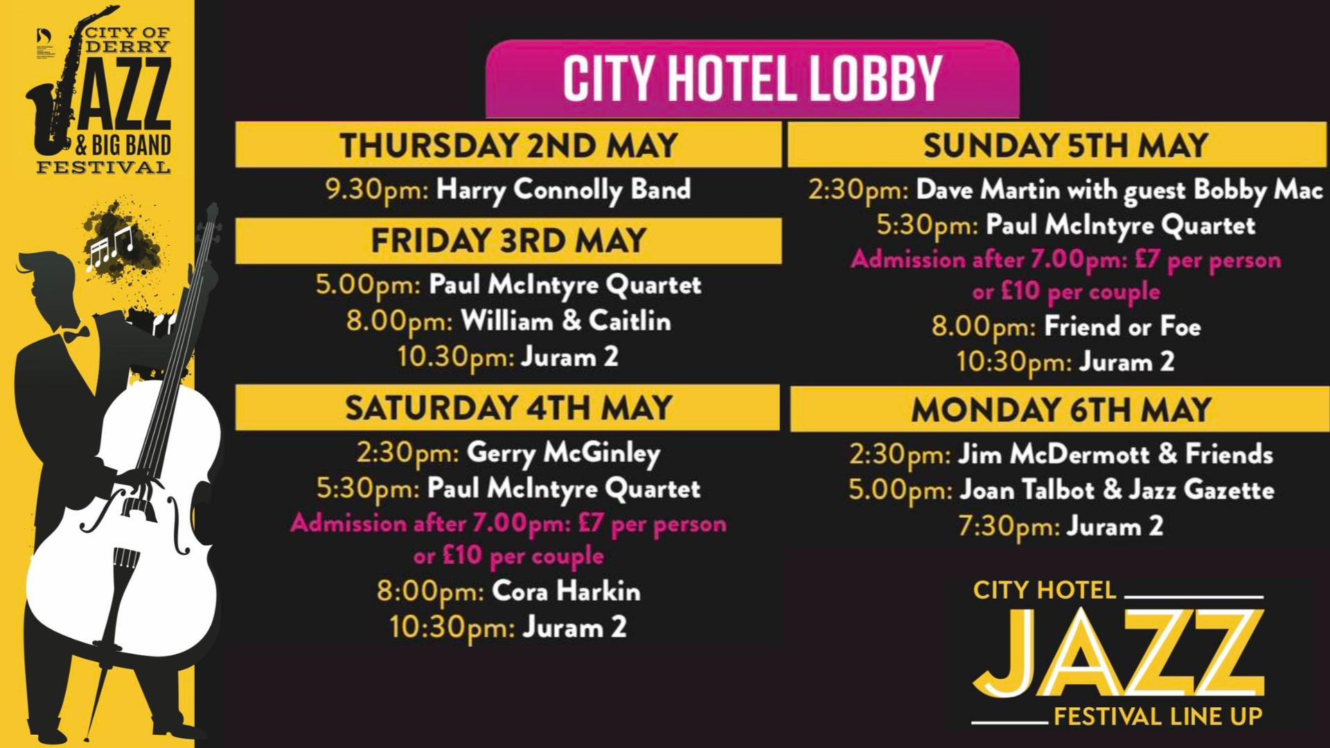 Promotion image for the Jazz Festival lineup in the City Hotel Lobby.
