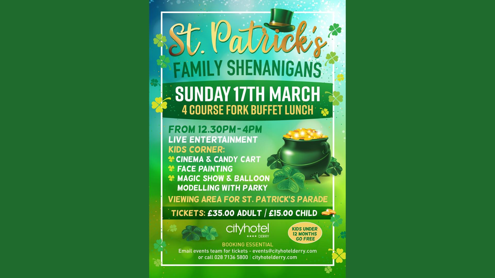 Promotional image for the St. Patrick's Day Family Shenanigans event at the City Hotel.