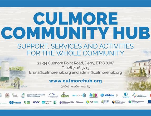 Culmore Community Hub banner, showing their address and website.