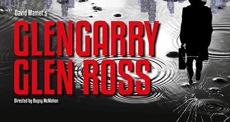 a silhouette of a man in a fedora and a trench coat walking through a large, rippling rainy puddle. Large, bold red text stating 'GLENGARRY GLEN ROSS'