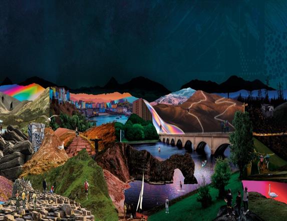 This image shows a collage of UK landscapes being brought to life with colour