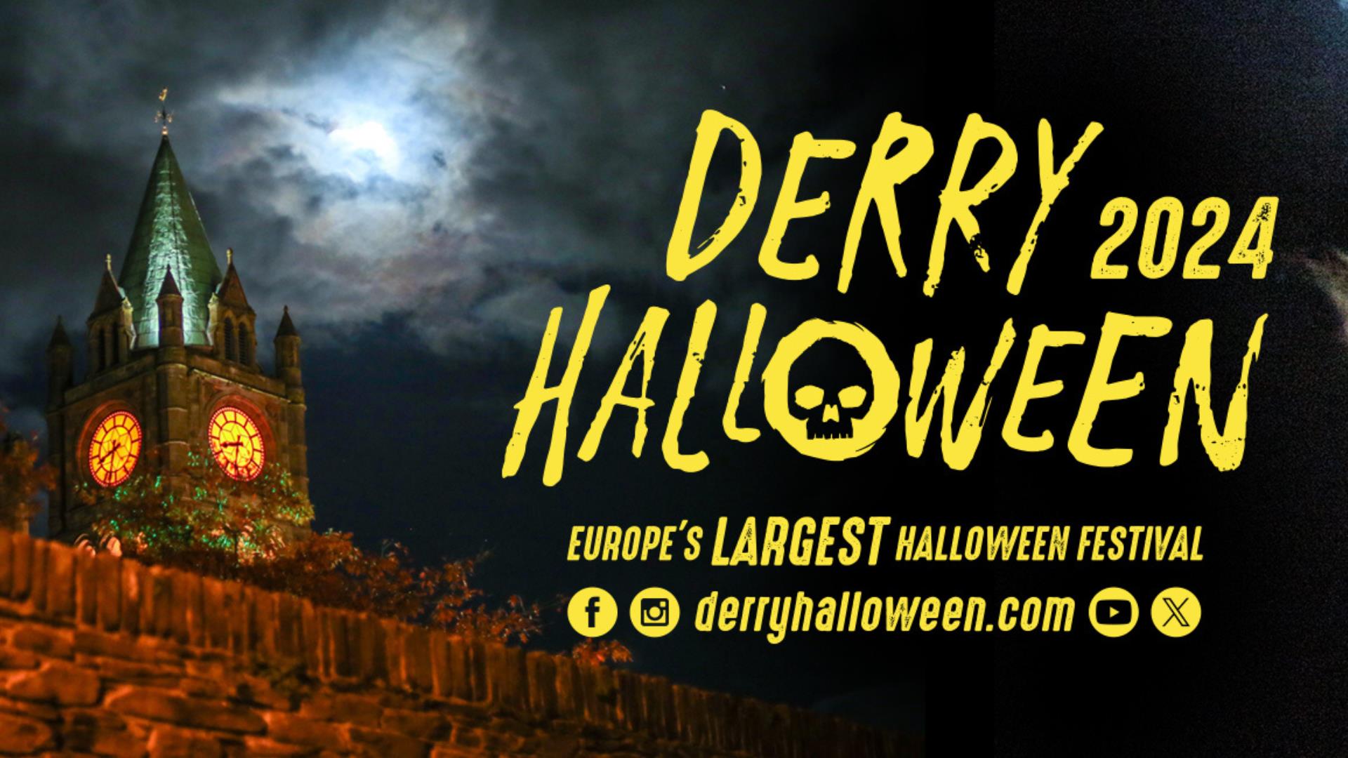 Banner image for Derry Halloween, showing the Guildhall on a stormy background.