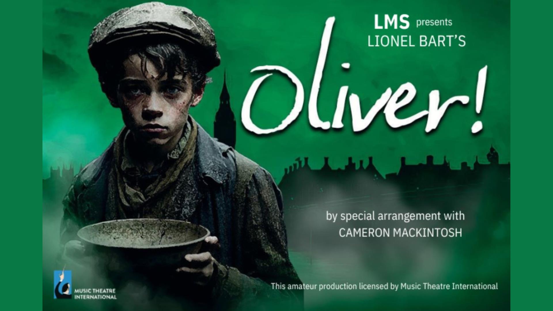 Promotional image for the upcoming 'Oliver' performance at the Millennium Forum Theatre & Conference Centre.