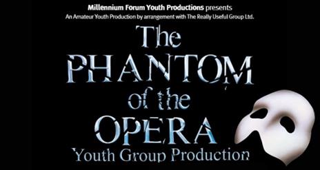 'The Phantom of the Opera' written in a font so that it resembles a smashed mirror, against a black background. The classic white phantom mask lies in