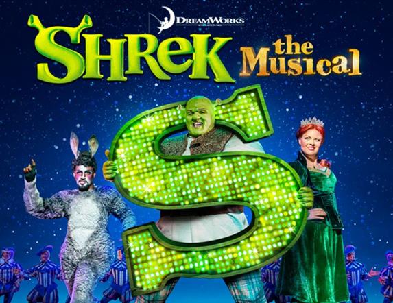 Promotional image for the upcoming Shrek Musical showing the cast.