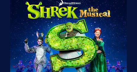 Promotional image for the upcoming Shrek Musical showing the cast.