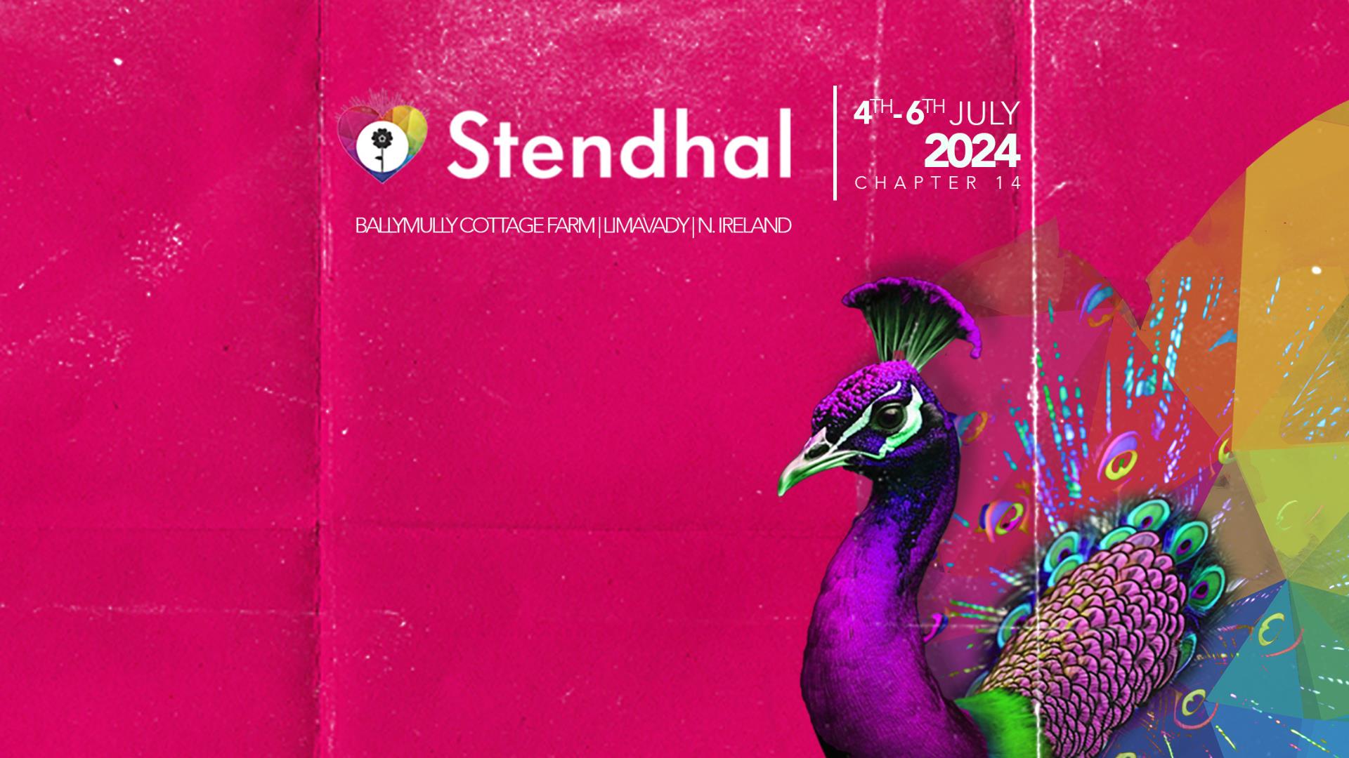 Banner image for the Stendhal Festival 2024, showing a multicoloured peacock on a pink background.