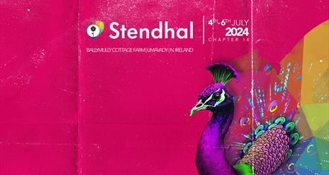 Banner image for the Stendhal Festival 2024, showing a multicoloured peacock on a pink background.