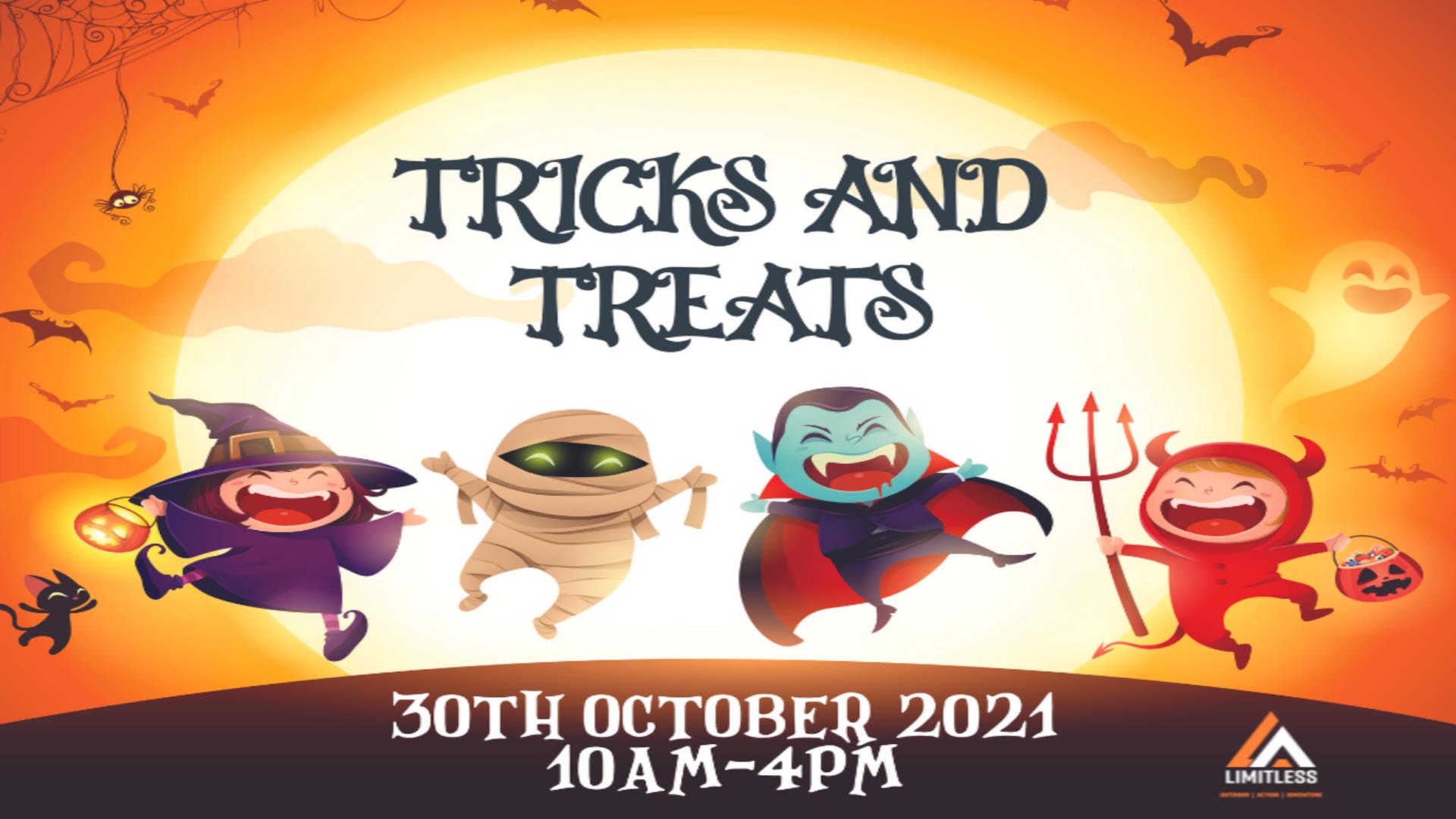 This is a promotional poster for the 'Tricks and Treats' event organised by Limitless. It displays a series of Halloween-related cartoon characters.