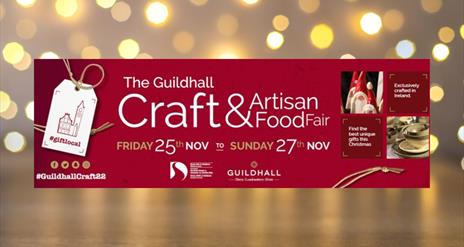 Red poster advertising the Guildhall Craft & Artisan Food Fair on 25th November with Christmas lights backdrop