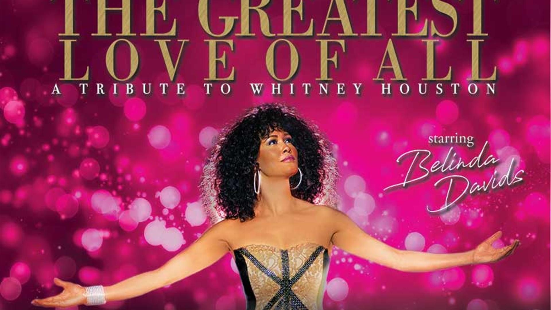 Belinda Davids, dressed as Whitney Houston, glancing thoughtfully to her left, arms outstretched, against a hot pink glitz background. Above her head,