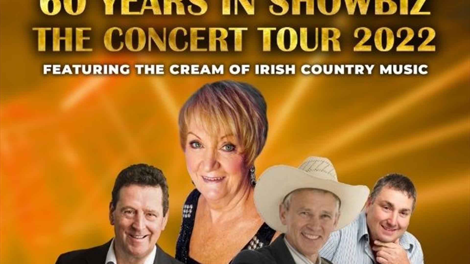 '60 Years in Showbiz'  in a gold sparkling font in the top centre of the image, with a  picture of Philomena Begley smiling alongside photos of variou