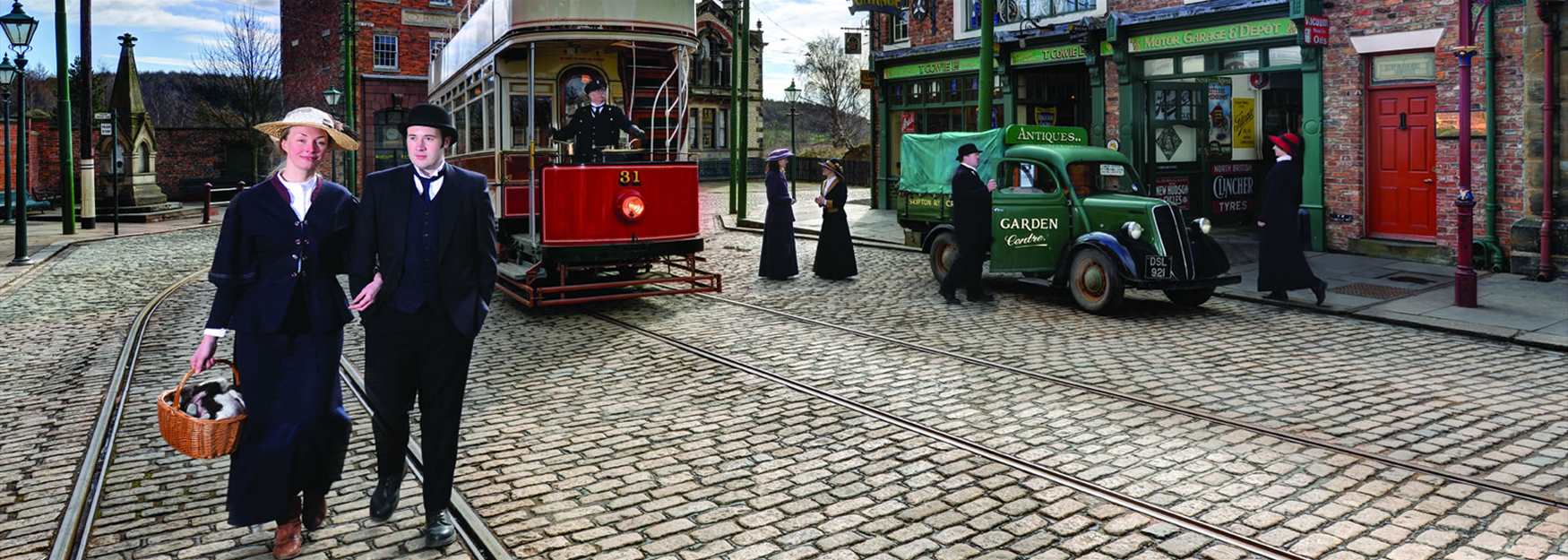 People at the tram at Beamish Museum