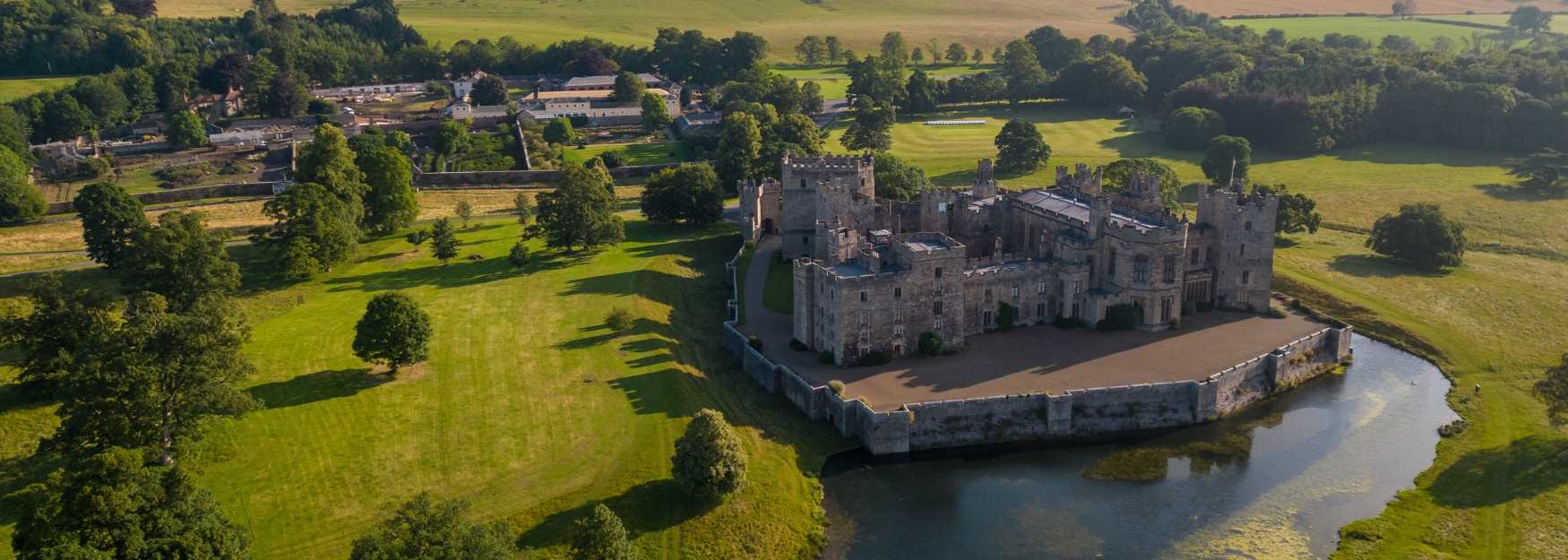 A overhead drone shot of Raby Castle