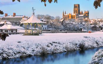 Durham Cathedral and riverbanks in the snow