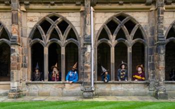 Kids dressed up as Harry Potter in the cloisters
