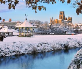 Durham Cathedral and riverbanks in the snow