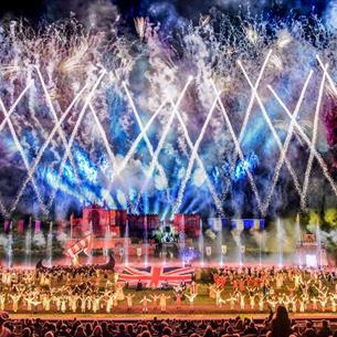 Grand Finale all cast of Kynren, view from the tribune, fireworks over the crowd.
