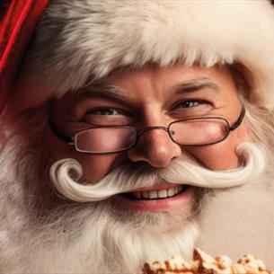 Santa Claus wearing glasses and holding popcorn