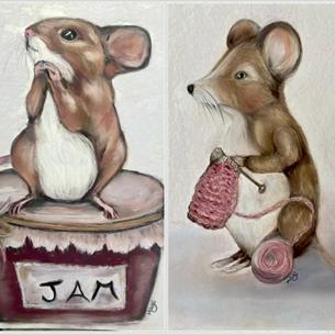 paintings of two mice, one sitting on a jar of jam and the other knitting