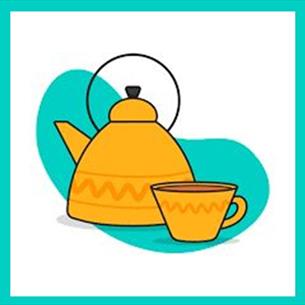 Cartoon image of a yellow teapot and cup