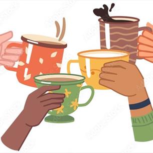 Colourful illustration of four hands holding a variety of mugs.