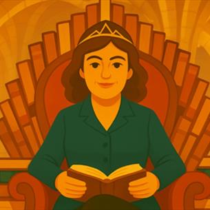 Cartoon image of a woman, wearing a tiara, sitting on a throne, reading a book