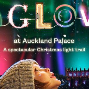 AGLOW advertising poster with a child looking up to the nights sky with AGLOW illuminated in colours