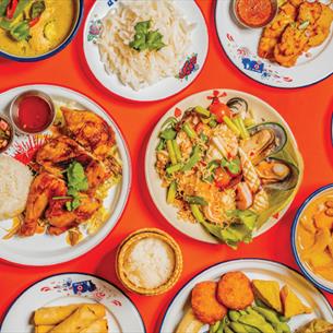 A collection of the delicious Thai street food dishes that Zaap Thai offers - Gai Yang, Yum Mama, Gaeng Massamun, Khow Niew Mamuang, Gai Satay, Tom Yu