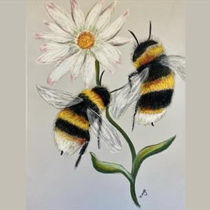 painting of two bees and a white flower